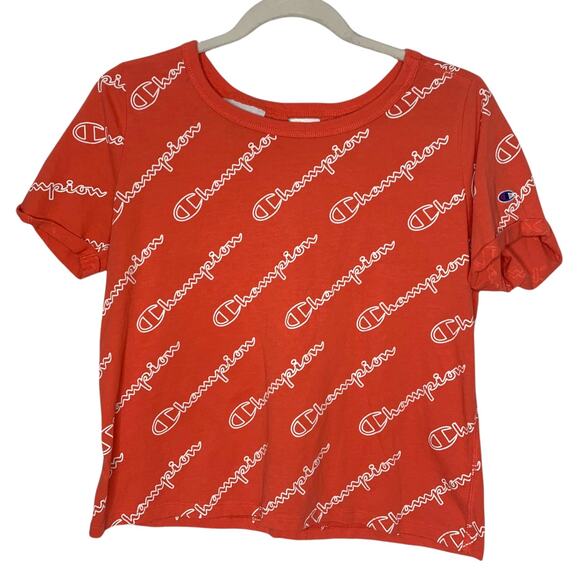 3/$20 Champion women's orange logo all over print crop top t-shirt Small - Picture 1 of 4